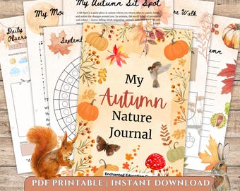May include: A collection of printable autumn-themed journal pages. The central journal cover features the text "My Autumn Nature Journal" with illustrations of pumpkins, leaves, a squirrel, and a butterfly. The journal is available in A4, A5, and US Letter sizes.
