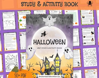 May include: A Halloween-themed study and activity book with a full moon, haunted house, and ghosts. The cover reads "Halloween Unit Study & Activity Book" and includes the text "50+ PDF PAGES".