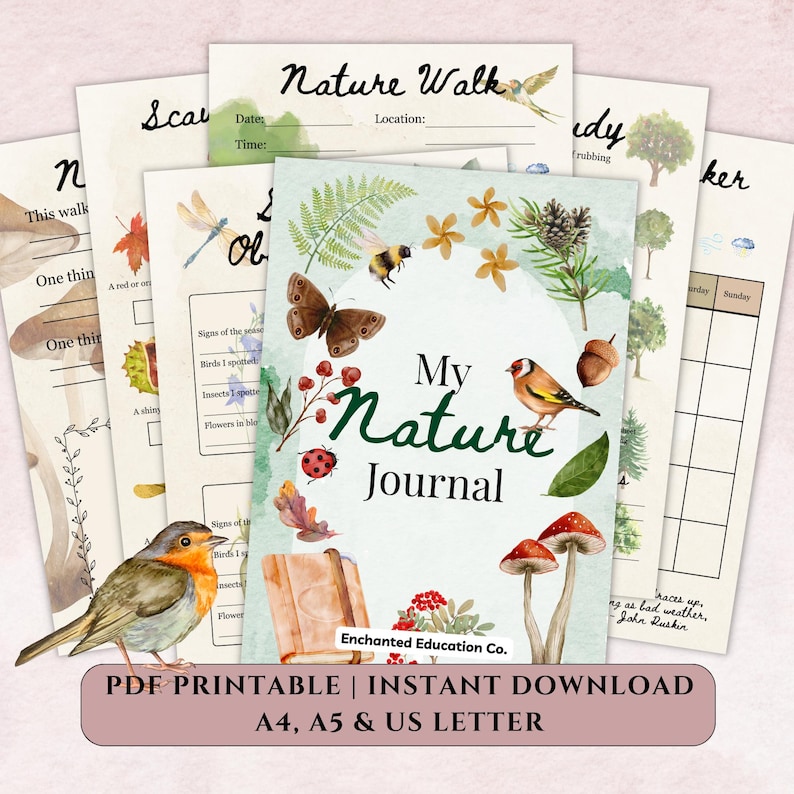 May include: A collection of printable nature journals with a watercolor design. The cover of the journal features illustrations of a butterfly, bee, bird, and mushrooms. The text on the cover reads "My Nature Journal". The bottom of the image reads "PDF Printable | Instant Download".