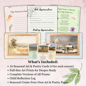 Puede incluir: Un conjunto de materiales de arte y poes&iacute;a, que incluyen tarjetas, impresiones y registros de reflexi&oacute;n. El conjunto presenta arte y poes&iacute;a de temporada, con pinturas de paisajes enmarcadas y texto que dice "Art Appreciation" y "Poetry Appreciation".