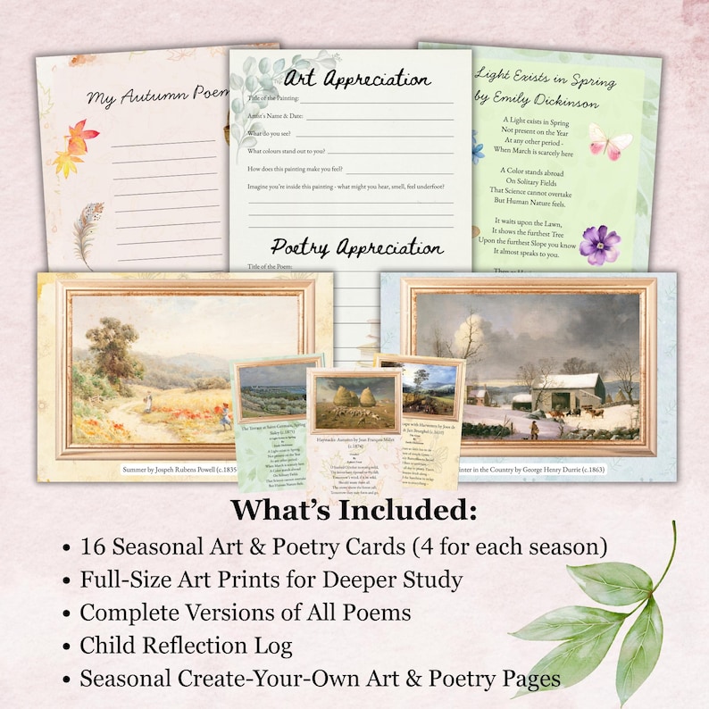 Puede incluir: Un conjunto de materiales de arte y poes&iacute;a, que incluyen tarjetas, impresiones y registros de reflexi&oacute;n. El conjunto presenta arte y poes&iacute;a de temporada, con pinturas de paisajes enmarcadas y texto que dice "Art Appreciation" y "Poetry Appreciation".