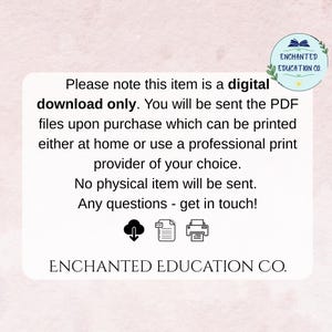 Puede incluir: Un aviso blanco con el texto "Tenga en cuenta que este art&iacute;culo es solo una descarga digital." El aviso tambi&eacute;n incluye el texto "ENCHANTED EDUCATION CO." e iconos para descargar, archivos PDF e imprimir.