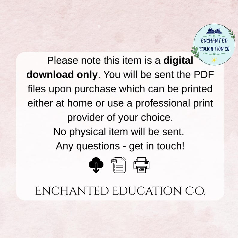 Puede incluir: Un aviso blanco con el texto "Tenga en cuenta que este art&iacute;culo es solo una descarga digital." El aviso tambi&eacute;n incluye el texto "ENCHANTED EDUCATION CO." e iconos para descargar, archivos PDF e imprimir.