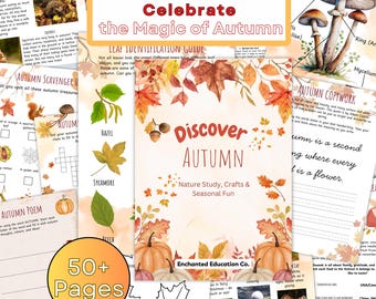 May include: A collection of educational autumn-themed printables. The central image reads "Discover Autumn" with pumpkins and leaves. Other pages include "Autumn Animals," "Leaf Identification Guide," and "Autumn Copywork." The image also features the text "Learn, Explore & Celebrate the Magic of Autumn."