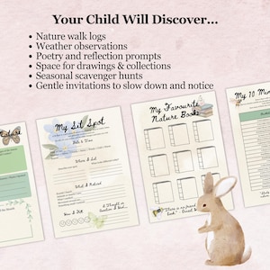 May include: A collection of nature-themed activity sheets for children, featuring prompts for nature walks, weather observations, and drawing. The sheets include the text "Your Child Will Discover..." and "My Sit Spot". A watercolor illustration of a rabbit is also present.