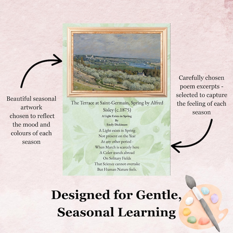 Puede incluir: Una impresi&oacute;n enmarcada de "The Terrace at Saint-Germain, Spring" de Alfred Sisley, con un extracto de poema de Emily Dickinson. Dise&ntilde;ado para el aprendizaje estacional, con una paleta y un pincel. La obra refleja la primavera.