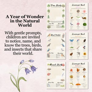 May include: A set of nature-themed educational printables. The pages include a tree study, bird watch, insect study, and scavenger hunts for spring, summer, and autumn. The text reads "A Year of Wonder in the Natural World."