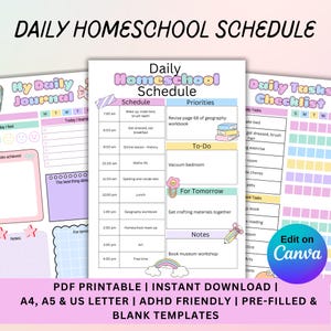 Peut inclure: Un emploi du temps quotidien imprimable pour l'école à la maison, avec des sections pour l'emploi du temps, les priorités et les listes de tâches. Le design comprend des graphiques arc-en-ciel, fleurs et crayons. Texte : "Daily Homeschool Schedule" et "Edit on Canva".