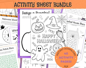 40 Halloween-Aktivitätsseiten-Bundle | Färbung | Wortsuche | Labyrinthe | Rätsel | Gesellschaftsspiele | Lustiger Download