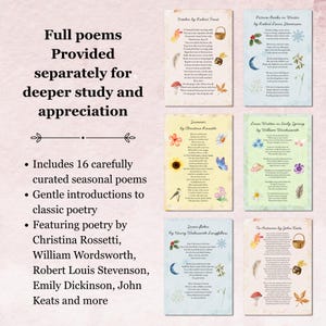 Puede incluir: Una colecci&oacute;n de impresiones de poemas de temporada. La imagen presenta varias impresiones de poemas con ilustraciones florales y tem&aacute;ticas de la naturaleza. El texto incluye t&iacute;tulos de poemas y nombres de autores, como "October by Robert Frost" y "Summer by Christina Rossetti".