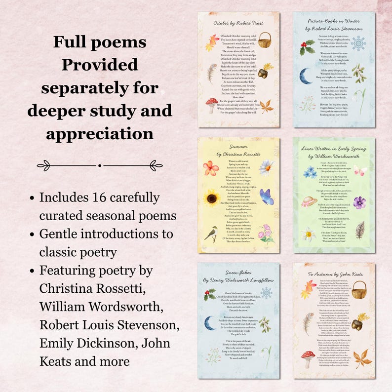 Puede incluir: Una colecci&oacute;n de impresiones de poemas de temporada. La imagen presenta varias impresiones de poemas con ilustraciones florales y tem&aacute;ticas de la naturaleza. El texto incluye t&iacute;tulos de poemas y nombres de autores, como "October by Robert Frost" y "Summer by Christina Rossetti".
