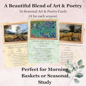 Puede incluir: Un conjunto de 16 tarjetas de arte y poes&iacute;a de temporada, cada una con una obra de arte y un poema diferentes. Las tarjetas incluyen pinturas y poemas famosos, perfectos para cestas matutinas o estudio estacional. Las tarjetas se muestran con el texto "A Beautiful Blend of Art & Poetry".