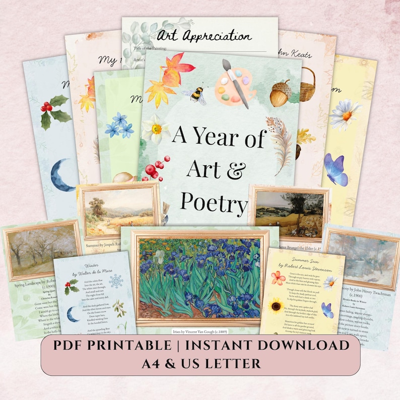 Puede incluir: Una colecci&oacute;n de p&aacute;ginas imprimibles de arte y poes&iacute;a. La p&aacute;gina central dice "A Year of Art & Poetry" con ilustraciones de acuarela de &uacute;tiles de arte, hojas y una abeja. Las p&aacute;ginas circundantes presentan obras de arte y poemas.