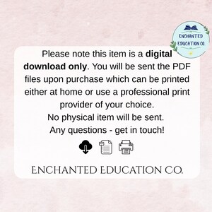 May include: A white digital download notice with the text "Please note this item is a digital download only." The notice includes the text "ENCHANTED EDUCATION CO." and icons for download, PDF, and print.