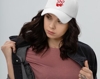 Cherry Embroidered Cap – Y2K Coquette Aesthetic Hat, Summer Girl Baseball Hat, Cute Cherry Dad Hat, Vintage Style Headwear