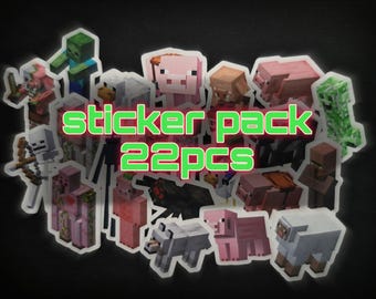 Lot de 22 autocollants Blocky Mobs, creepers, pixel mobs, créatures inspirées des jeux, autocollants pixel Adventure Mob