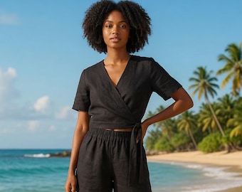 Leinen Schwarz Co Ord Set Frauen Sommer Strand Outfit Resort Urlaub Tragen Handgemachte Kleidung