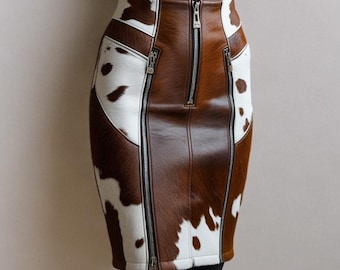 Cowhide Leather Skirt | Handmade Western Pencil Skirt | Brown & White Fur Mini Skirt | Rodeo Cowboy Fashion | New Fashion Zipper Skirt