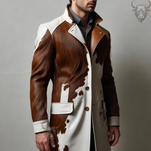 Men’s Cowhide Leather Coat | Real Cow Hair On Western Coat in White & Brown Leather | Handmade Luxury Cowboy Trench Coat | Gift For Him