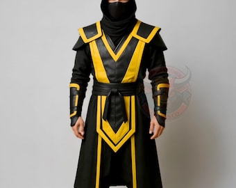 Schwarz und Gelb Ninja Krieger Kostüm Leder Samurai Robe Cosplay Outfit für Männer