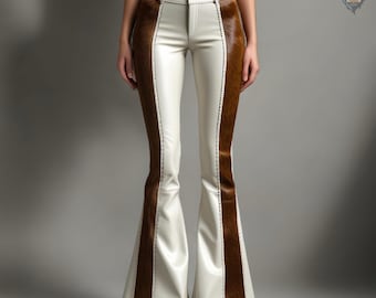 White Genuine Leather Flared Pants with Brown Cowhide Side Panels Western Boho Festival Trousers