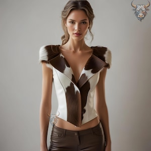 May include: A white and brown cowhide vest with a deep V-neck. The vest features a brown and white spotted pattern on the front panels and collar, with a fur trim. The model is wearing brown leather pants.