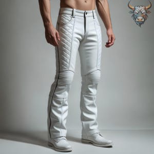 Men’s White Leather Pants | Genuine Sheepskin Biker Trousers | Quilted Motorcycle Leather Pant | Gothic Rock Slim Fit Pants | Gift For Him