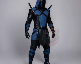 Disfraz de guerrero ninja azul para hombre, armadura de cuero, traje de cosplay con capucha, traje de asesino LARP