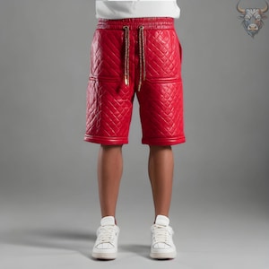Men&#39;s Red Quilted Leather Shorts | Handmade Streetwear Biker Shorts | Hip Hop Festival Fashion