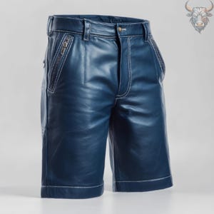 Handcrafted Blue Leather Shorts | Custom Black Biker Shorts | Genuine Festival Streetwear for Men Women