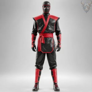 Może przedstawiać: Zdjęcie w pełnej długości kostiumu ninja. Strój jest głównie czarny z czerwonymi akcentami na ramionach, przedramionach, pasie i butach. Ninja nosi maskę zakrywającą całą twarz, z czerwonymi otworami na oczy. Kostium zawiera rękawice i czerwony pas.