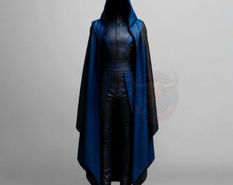 Capa de asesino de cuero azul con capucha, disfraz de fantasía, cosplay, abrigo largo, atuendo medieval LARP, unisex