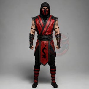 May include: A red and black costume with a hood and mask. The costume features a red vest with black accents, black pants, and matching arm and leg guards. A black dragon design is on the front of the vest.