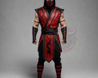 Red Black Ninja Warrior Costume Hooded Leather Martial Arts Cosplay Outfit Adult Men