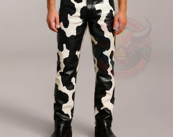 Men Cowhide Fur Leather Pants Black White Western Cowboy Style Vintage Rodeo Fashion Bottoms