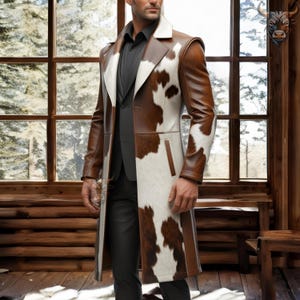 Men’s Cowhide Leather Trench Coat | Real Cow Hair-On White & Brown Western Coat | Long Handmade Cowboy Outfit | Steampunk Gothic Long Coat