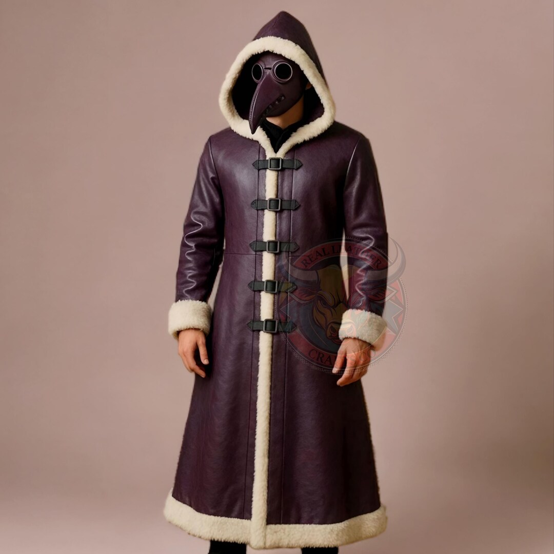 Purple Shearling Plague Doctor Coat Hooded Leather Trench Jacket Gothic
