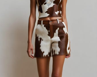 Women's Cowhide Leather Shorts Western Rodeo Festival Outfit Handmade Crop Top Cow Print