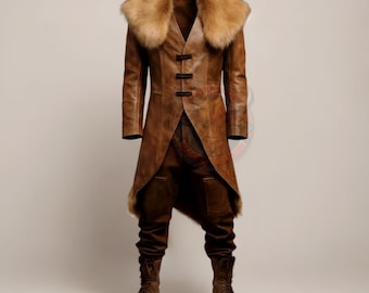 Viking Brown Leather Fur Trim Coat Men Medieval Long Jacket Cosplay Winter Costume Warm