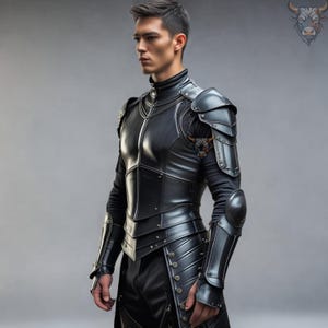 Men&#39;s Black Leather Fantasy Armor Suit | Gothic Medieval Chest Plate , Arm Guards for Cosplay | LARP, Halloween & Renaissance Fair Costume