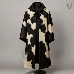 Cowhide Leather Cloak with Hood | Handmade Black and White Hair-On Hide Cape | Western Gothic Boho Poncho | Unisex Cloak | Halloween Cloak