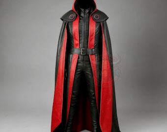 Rood Zwart Leren Capuchon Cosplay Cape Kostuum Gothic Middeleeuwse Fantasy Outfit Unisex Lang