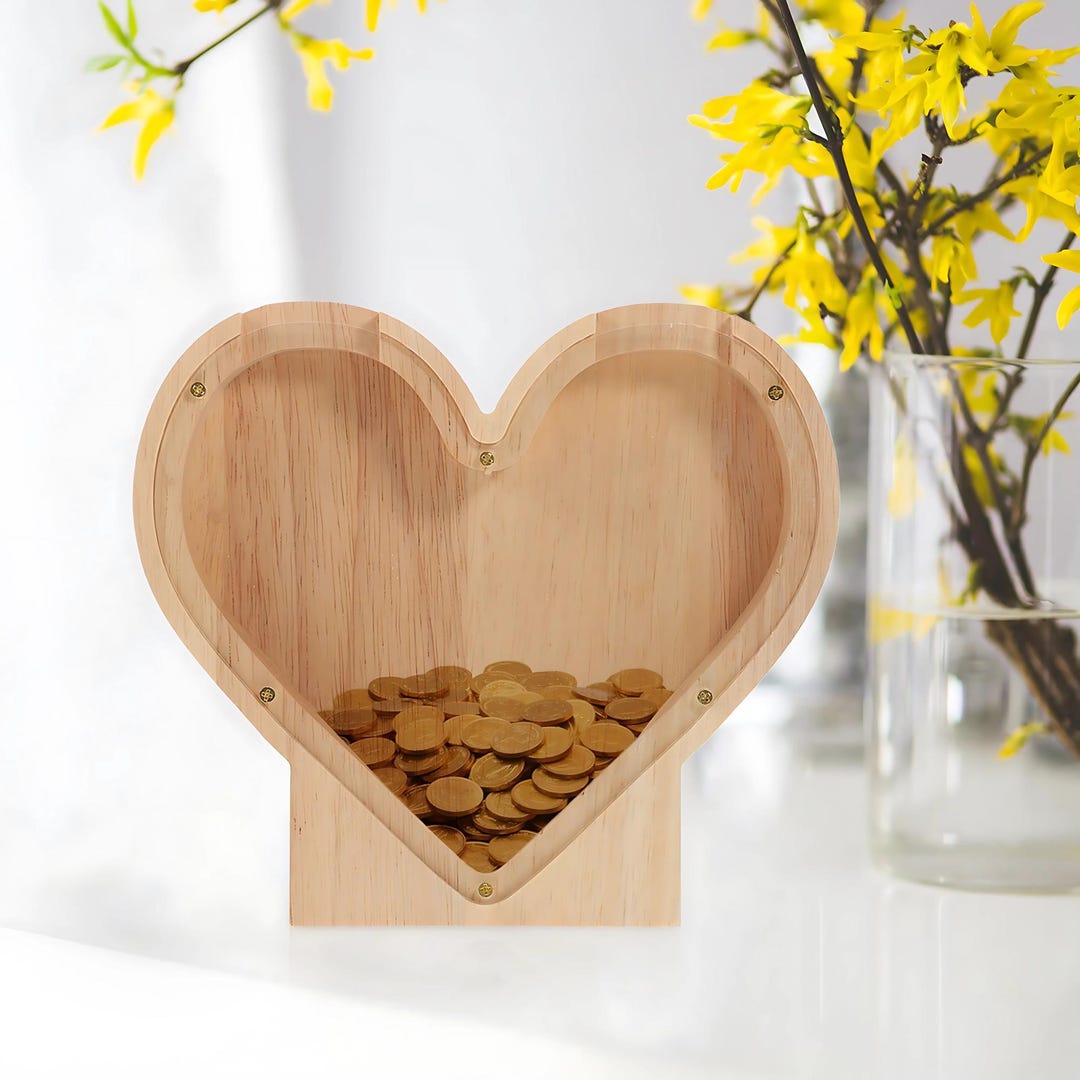 Wooden Heart Piggy Bank Transparent Money