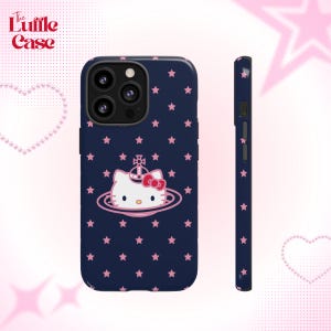 May include: A navy blue phone case featuring a pink Hello Kitty design and pink stars. The case has a raised camera bump and a clear, protective layer.