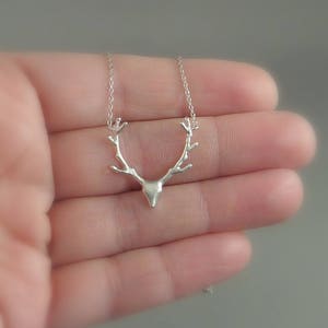 Silver Deer Necklace, silver stag head necklace, silver deer jewelry, holiday deer pendant, gift for her, layering necklace, gift for hunter