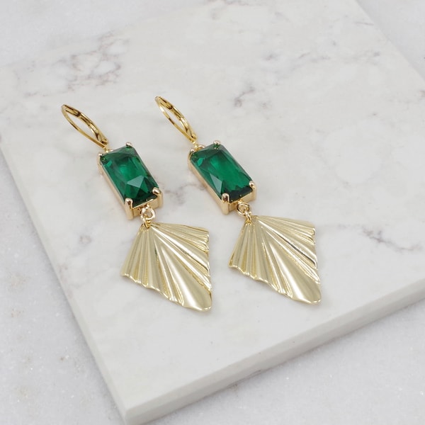 Gold and Emerald Fan Drop Earrings, art deco inspired dangle earrings, emerald earrings, gold statement earrings, gift for her,