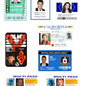 May include: A collection of ten different ID cards, each with a unique design and featuring a different character from popular television shows. The cards include a Metacortex security clearance card, an FBI special agent card, a Jeffersonian Anthropology Unit card, a California driver's license, a Police 995 card, a Central Intelligence Agency card, and three Multi Pass cards.