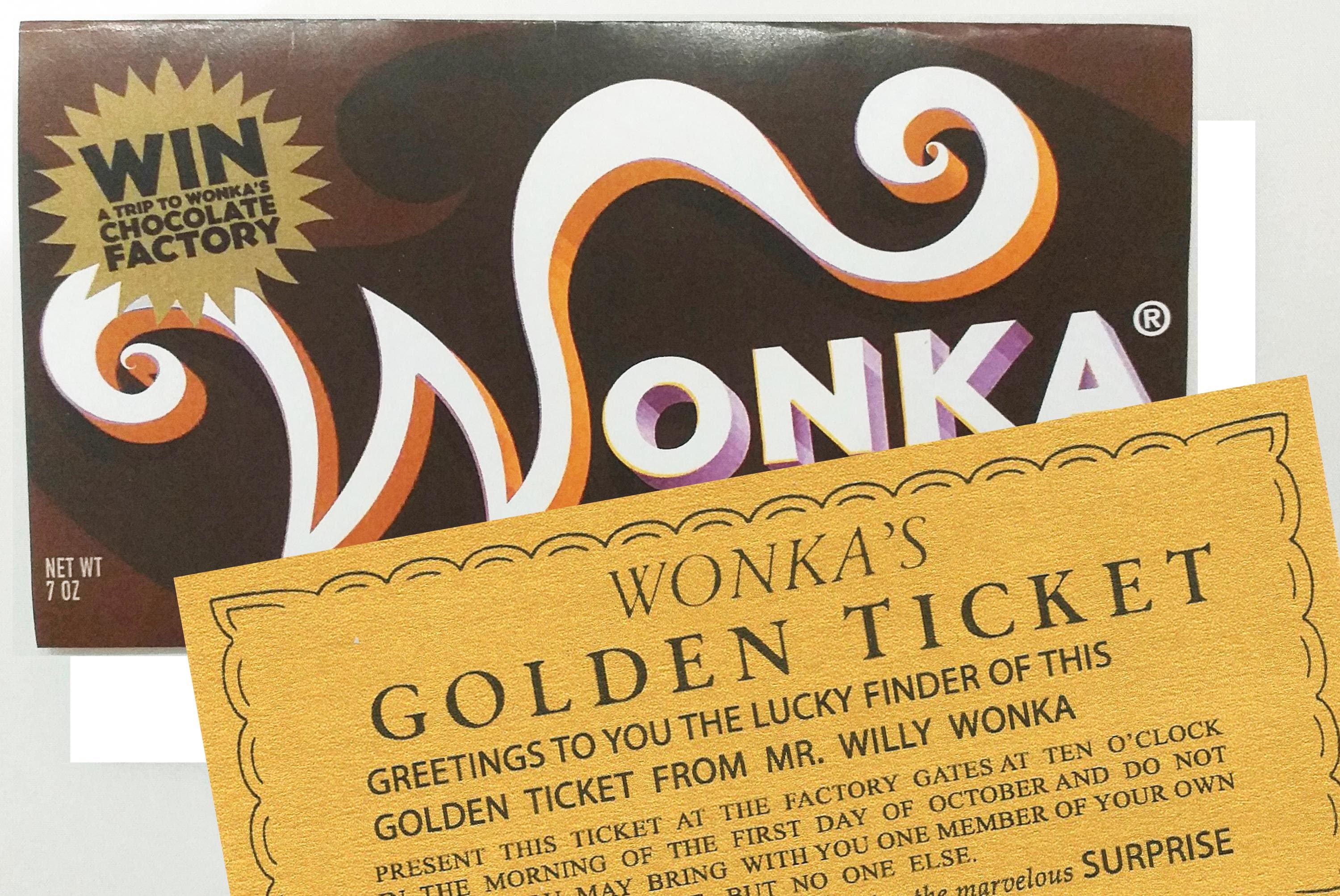 Golden Ticket and Pack of 4 Willy Wonka Chocolate Wrappers