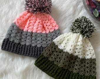 Crochet Pom Pom Beanie, Handmade Baby Toddler Hat, Custom Color Winter Hat, Knit Beanie, Made to Order Hat, Kids Beanie, Sustainable Gift
