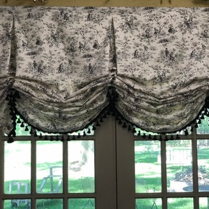 Custom London Shades for your Windows-Classic Toile Fabric with Tassel Trim in Your Color Request-Single Window or Double Window Size